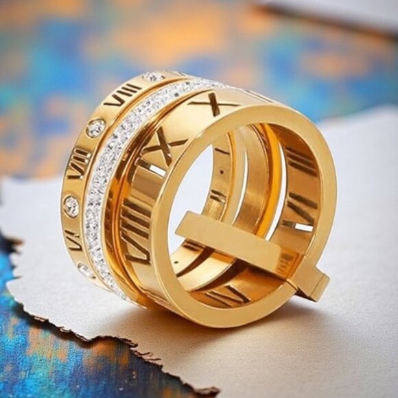 🆕 Modern Classic Roman Numeral Unisex Ring 18K Gold Plated Stainless Steel Sz 9 - Picture 1 of 13